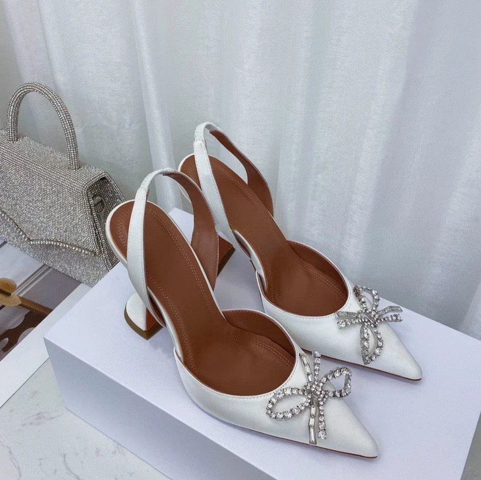 Luxury women's rhinestone bow stiletto heels sandals in elegant white, featuring a pointed toe and super high 8cm heel, perfect for stylish summer occasions.