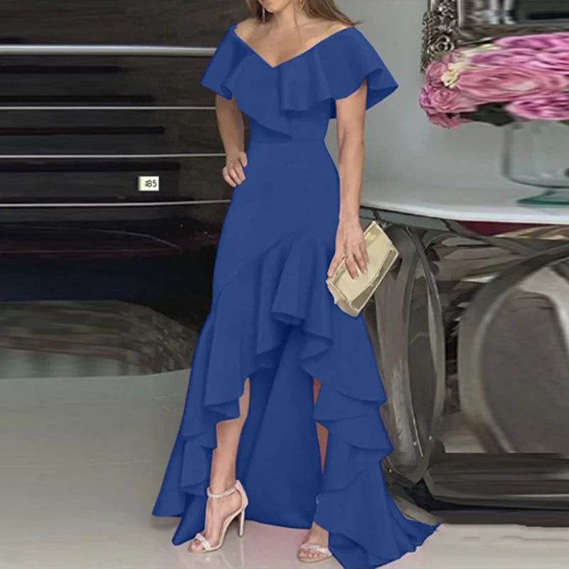 Stylish women’s evening wear featuring a ruffled, sleeveless V-neck maxi dress, designed for sophisticated looks during spring and summer events.