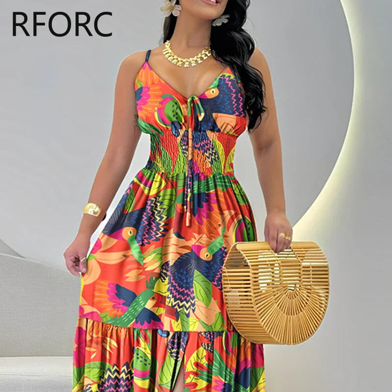 Chic sleeveless beach-style maxi dress with vibrant floral prints, designed for comfort and elegance, made from a high-quality cotton-polyester blend.