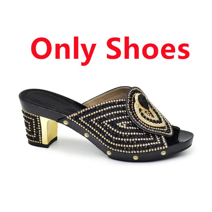 Close-up of luxurious rhinestone detailing on high heel pumps from the elegant Italian ladies' shoe and bag set, showcasing sophisticated craftsmanship.