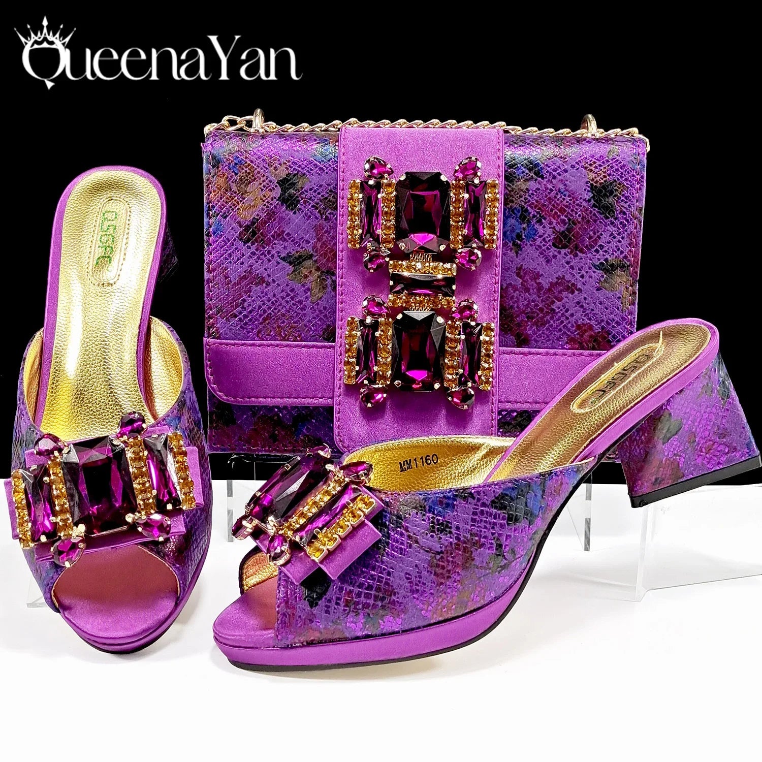 Elegant QSGFC purple peep toe sandals embellished with rhinestones, perfect for sophisticated women's fashion.