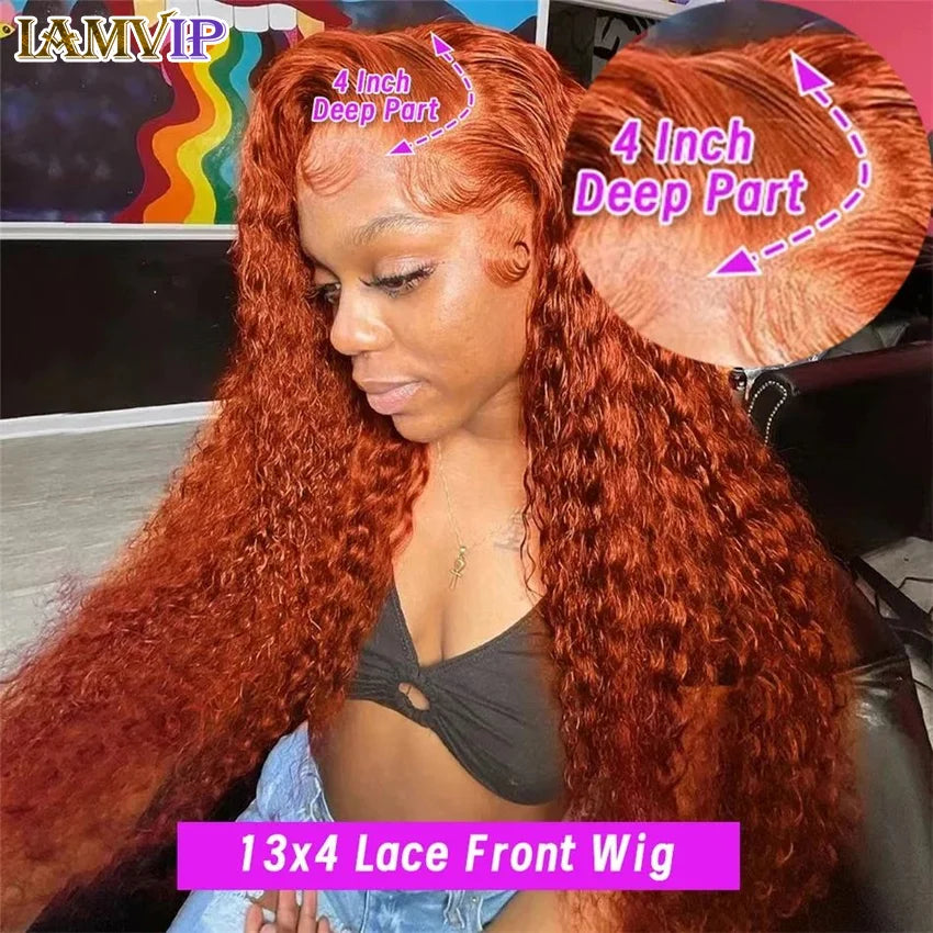 Elegant long curly wig crafted from 100% Brazilian human hair in striking orange ginger colour with transparent lace front.