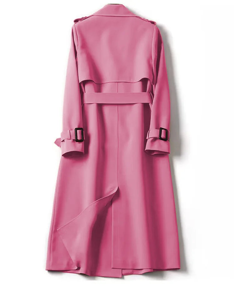 Elegant luxury women's long sleeve double breasted trench coat in a sophisticated setting, showcasing premium polyester fabric and stylish turn-down collar, ideal for office and streetwear.