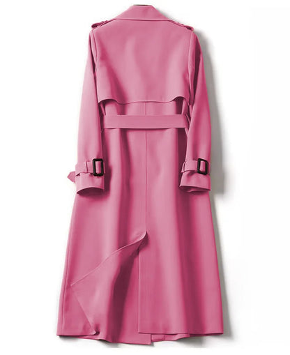 Elegant luxury women's long sleeve double breasted trench coat in a sophisticated setting, showcasing premium polyester fabric and stylish turn-down collar, ideal for office and streetwear.