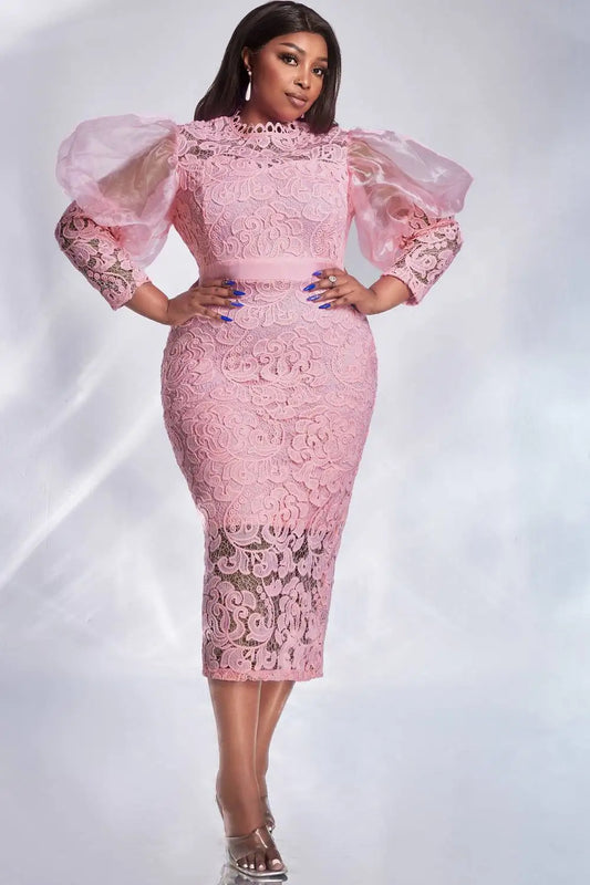 Elegant women's plus size midi dress featuring exquisite pink lace and delicate puff sleeves, perfect for cocktail occasions.