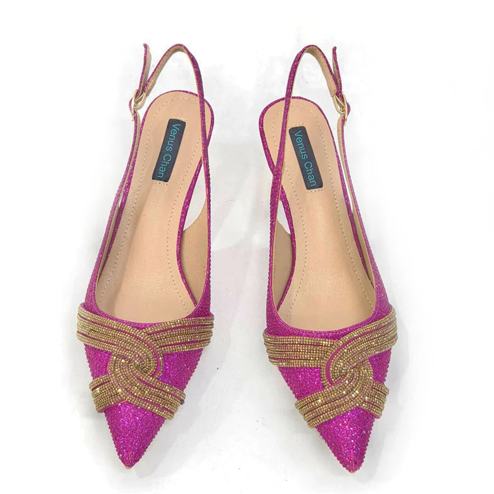 Close-up of Venus Chan Slingback Heels adorned with sparkling rhinestones, highlighting exquisite detail and premium materials for fashionable women.