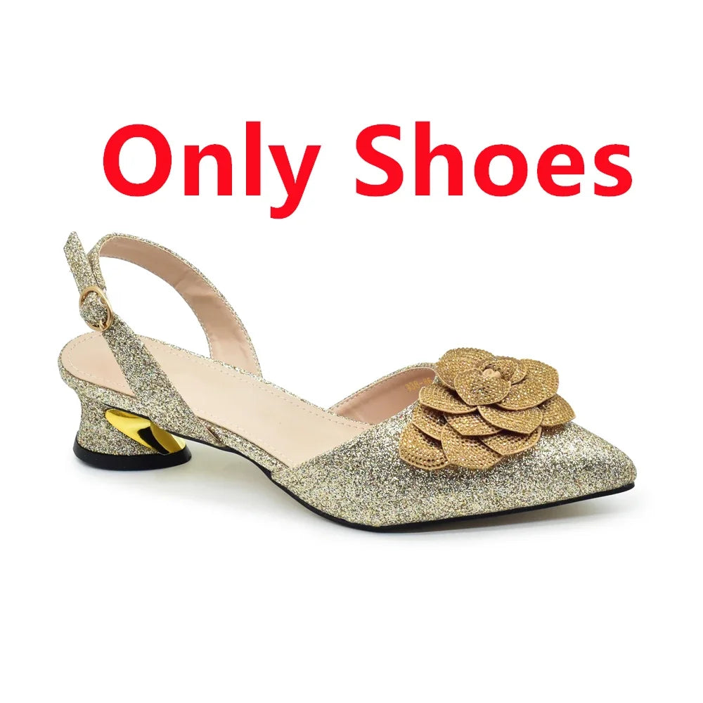 Versatile and alluring duo of rhinestone embellished shoes and handbag, designed for women seeking elegance at parties and weddings.