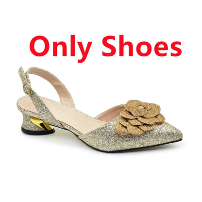 Versatile and alluring duo of rhinestone embellished shoes and handbag, designed for women seeking elegance at parties and weddings.