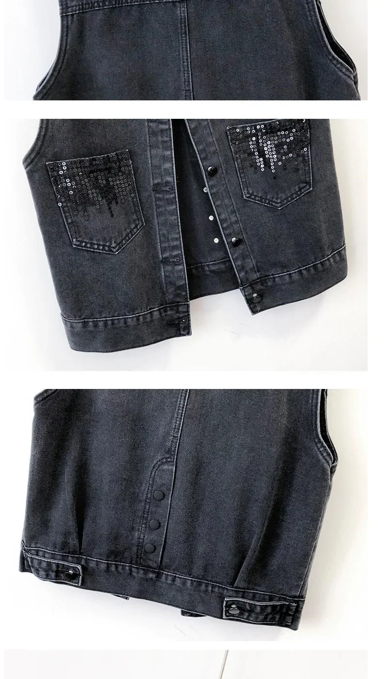 Chic design of women's sequin denim vest jacket showcasing exquisite craftsmanship and versatile wearability for any occasion.
