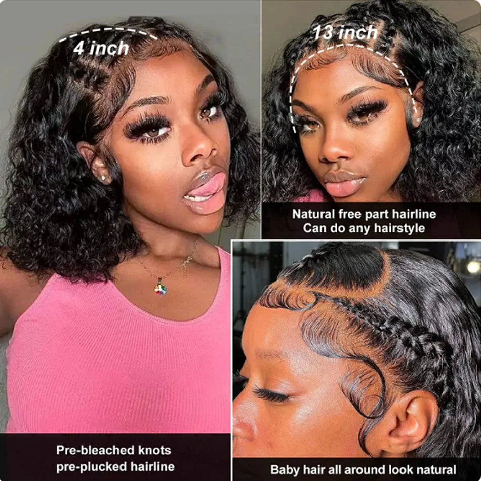 Close-up of Glueless Water Wave HD Lace Frontal Bob Wig, highlighting the fine Swiss lace base and rich texture of the Brazilian Remy hair.