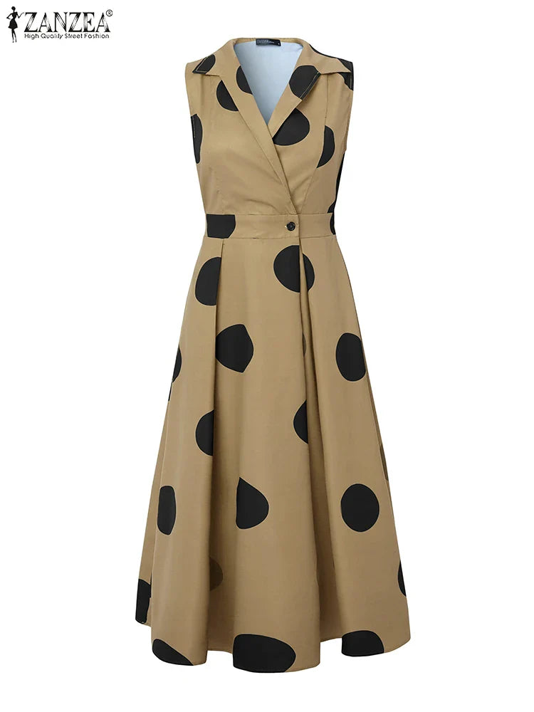Elegant display of the ZANZEA Polka Dot Maxi Dress on a model, highlighting its sleek sleeveless design and feminine folds, ideal for middle-aged women seeking a chic and comfortable attire for spring and summer soirées.