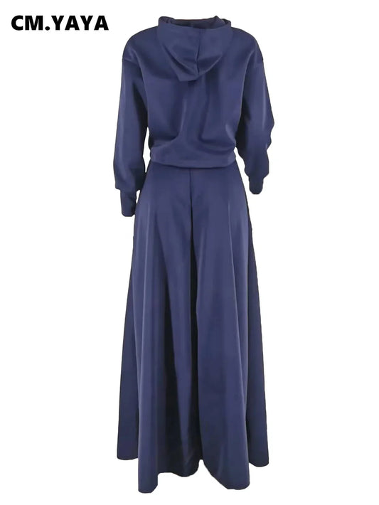 Elegant CM.YAYA Women's Long Sleeve Hooded Sweatshirt with stylish pockets, perfectly matched with an A-Line Maxi Skirt for chic streetwear.