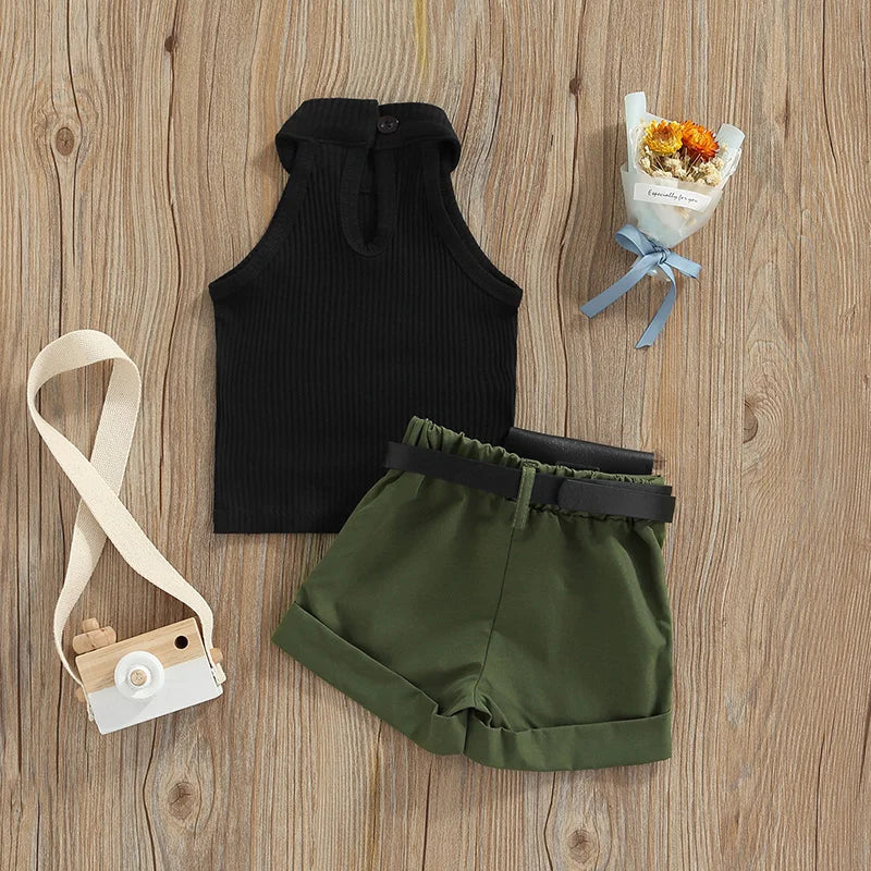Trendy summer fashion set for toddlers, includes a sleeveless halter top and designer shorts, ideal for little girls.