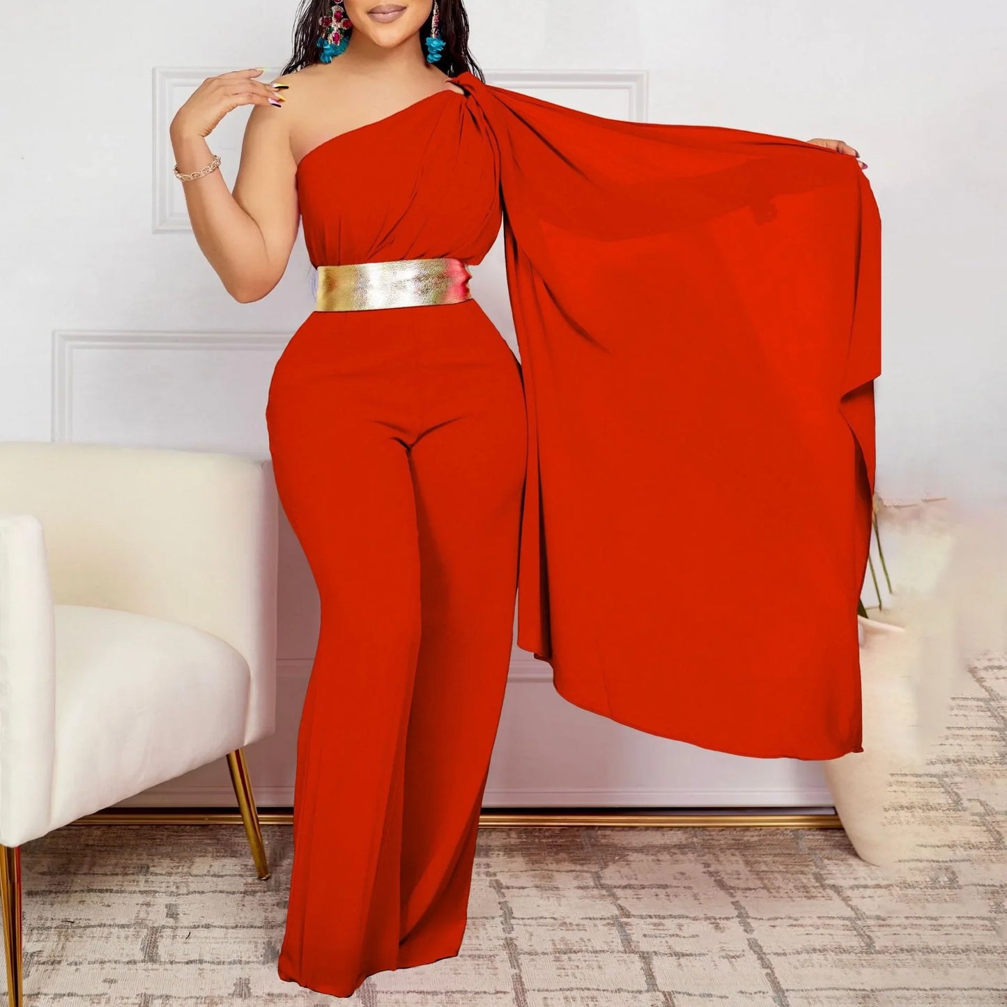 Dramatic flying sleeves of a women's jumpsuit, blending contemporary fashion with a touch of elegance for a perfect club outfit.