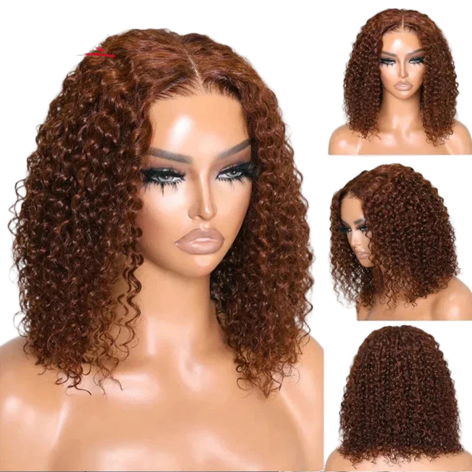Elegant view of a Brazilian deep wave bob wig with natural black and brown tones, highlighting the Swiss lace base, ideal for a sophisticated hairstyle.