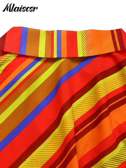 Elegant Mlaiscsr Striped V Neck Long Sleeve Dress styled for a luxurious autumn look, highlighting its polyester fabric and sophisticated pleated structure.