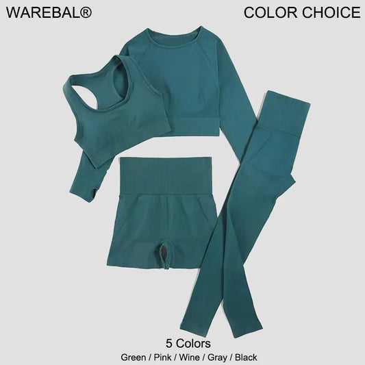 Luxury WAREBALL seamless yoga set for women in elegant design, featuring a sports bra and leggings in a chic green colour, ideal for yoga and fitness.