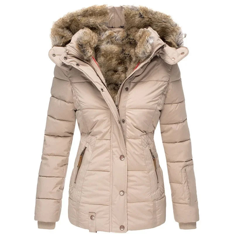 Elegant women's autumn winter cotton coat featuring a luxurious zipper closure, slim fit design, and sophisticated hooded style with a plush wool collar.