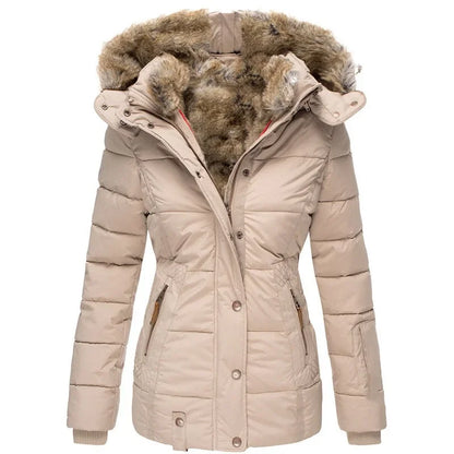 Elegant women's autumn winter cotton coat featuring a luxurious zipper closure, slim fit design, and sophisticated hooded style with a plush wool collar.