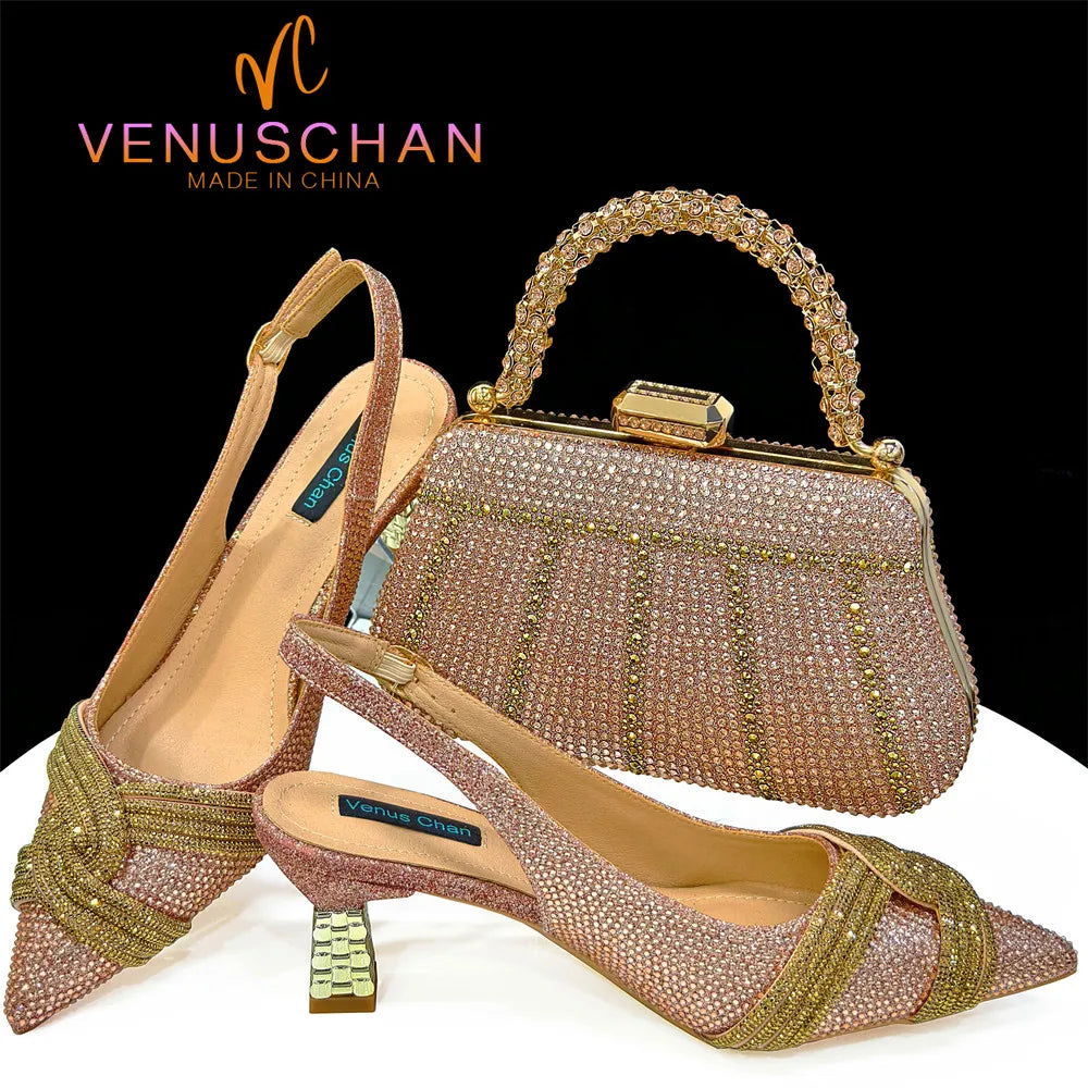 Venus Chan Champagne Rhinestone Slingback Heels, a luxurious women's shoe set embellished with sparkling rhinestones, perfect for weddings and exclusive parties.
