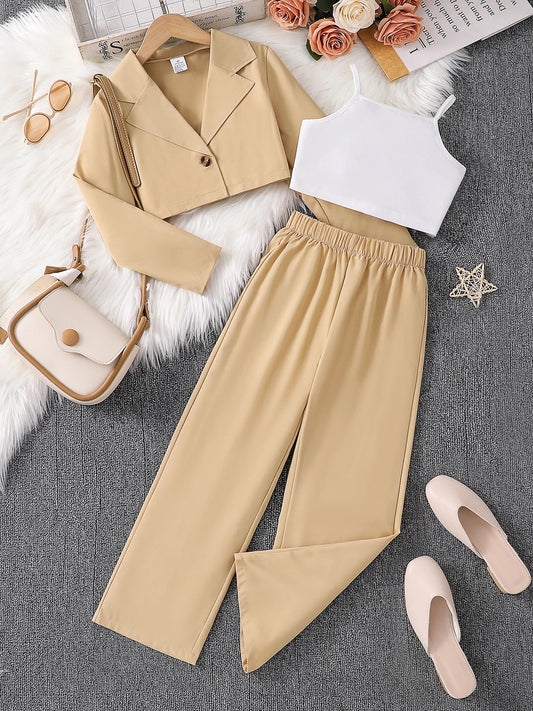 Elegant luxury three-piece outdoor casual set for girls aged 7-13 in khaki, showcasing enhanced autumn fashion design suitable for stylish young ladies.