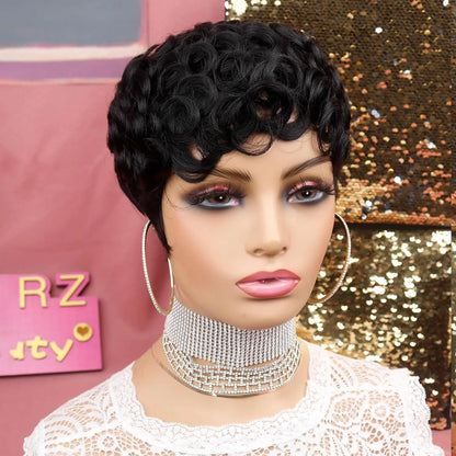 Stylish and elegant short curly pixie wig in a vibrant colour, designed for women seeking a sophisticated hair transformation easily manageable for everyday wear.
