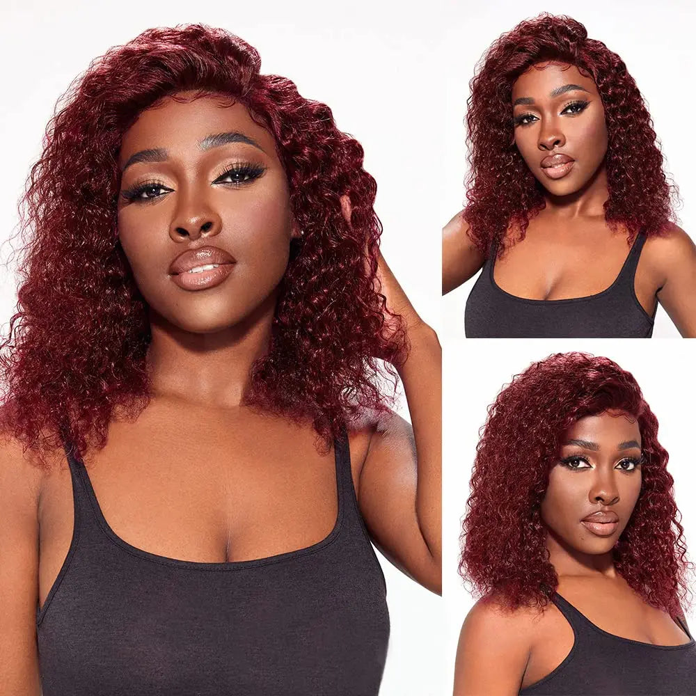 Back view of the 99J Burgundy Short Deep Wave Bob Lace Front Wig, illustrating the fullness and bounce of the deep wave curls, perfect for a glamorous look.