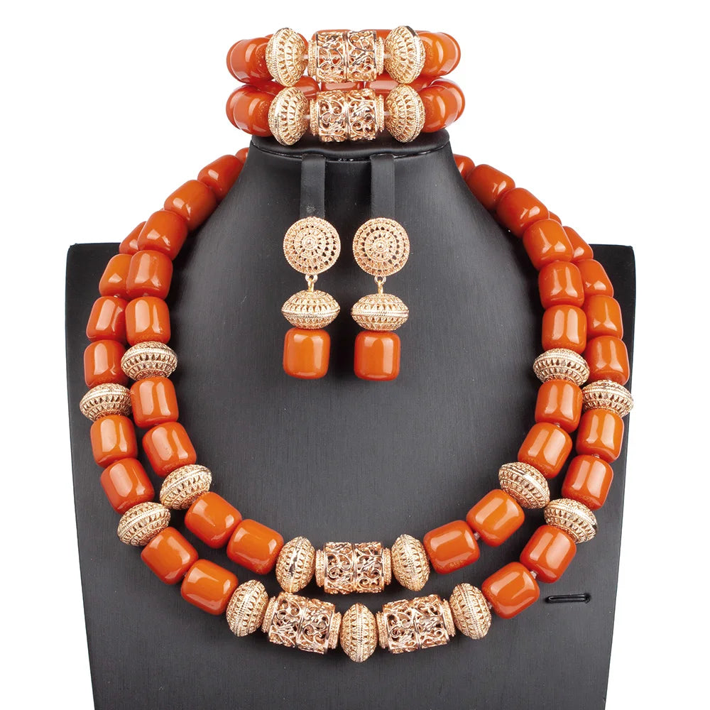 Complete view of the luxury African beads jewelry set including necklace, earrings, and bracelet, perfect for making a bold fashion statement.