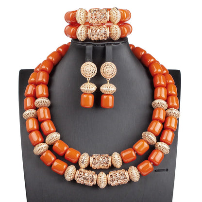 Complete view of the luxury African beads jewelry set including necklace, earrings, and bracelet, perfect for making a bold fashion statement.
