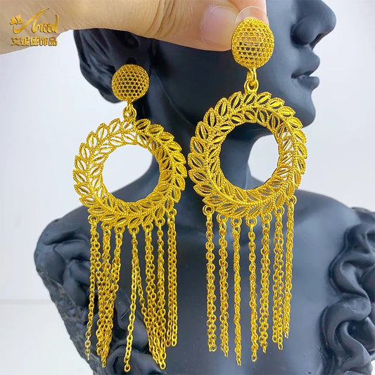 Elegant African Lady Design 24K Gold Plated Drop Earrings featuring intricate tassel detail, perfect for bohemian wedding accessories.