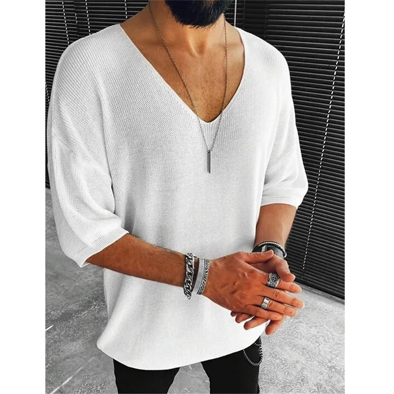 Refined v-neck knit tee for men, combining a casual silhouette with high-quality fabric, suitable for a variety of stylish occasions.