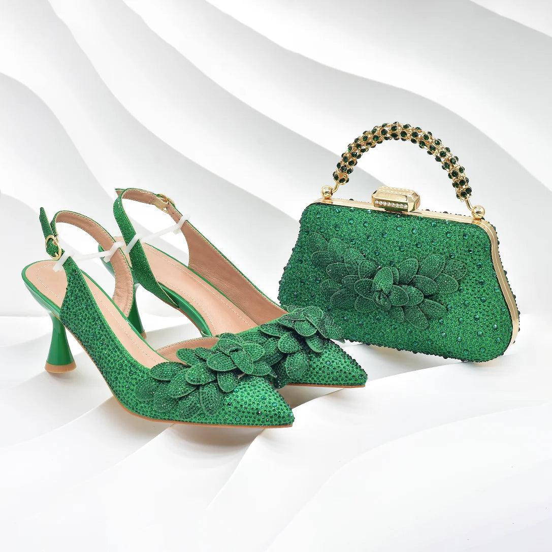 Luxury women's Italian high heel pumps with full diamonds in gold, paired with a matching designer handbag, showcasing elegance and sophistication for special occasions.