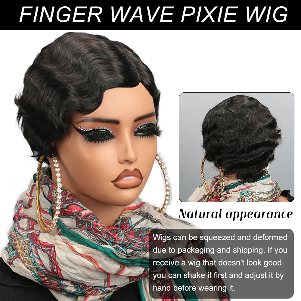 Stylish short brown human hair wig featuring ocean pixie waves and soft curls, perfect for a luxurious appearance.