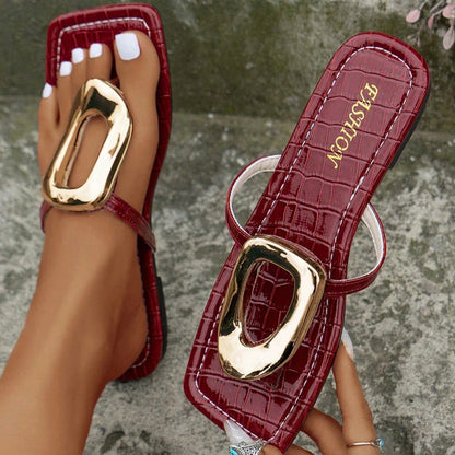 Elegant luxury women's summer flip flops featuring anti-slip design, comfortable PU material, and solid patterns suitable for casual outdoor wear.