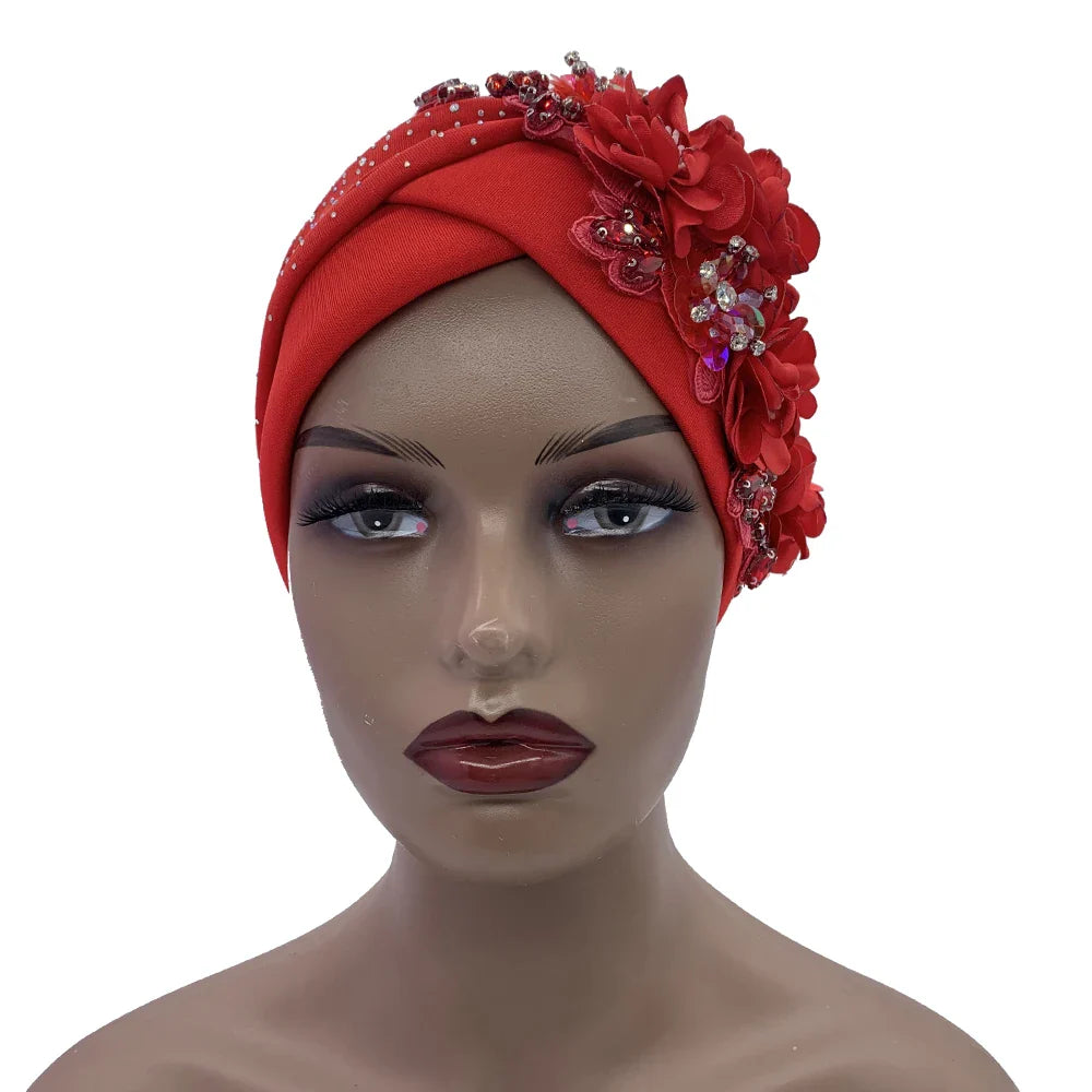 Stylish head wrap for women, an elegant African turban cap with a gentle stretch, featuring exquisite rhinestone accents for a sophisticated look.
