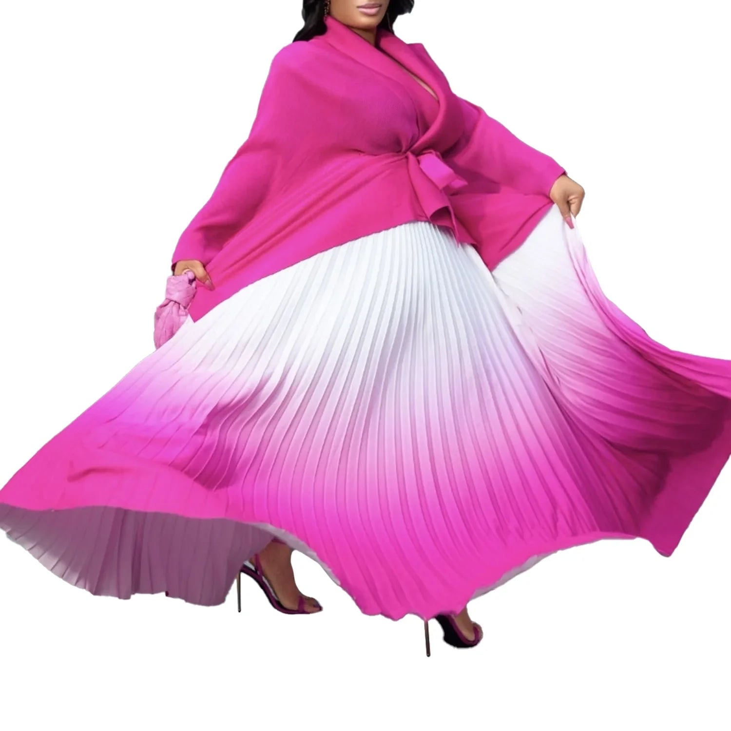 Sophisticated women’s fashion set with a striking gradient design, ideal for seasonal transitions, embodying modern elegance.