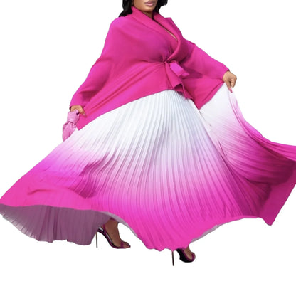 Sophisticated women’s fashion set with a striking gradient design, ideal for seasonal transitions, embodying modern elegance.