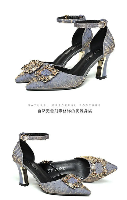 Sophisticated party pumps for women with slender thin heels and a stylish buckle strap, showcasing a luxurious pointed toe silhouette.