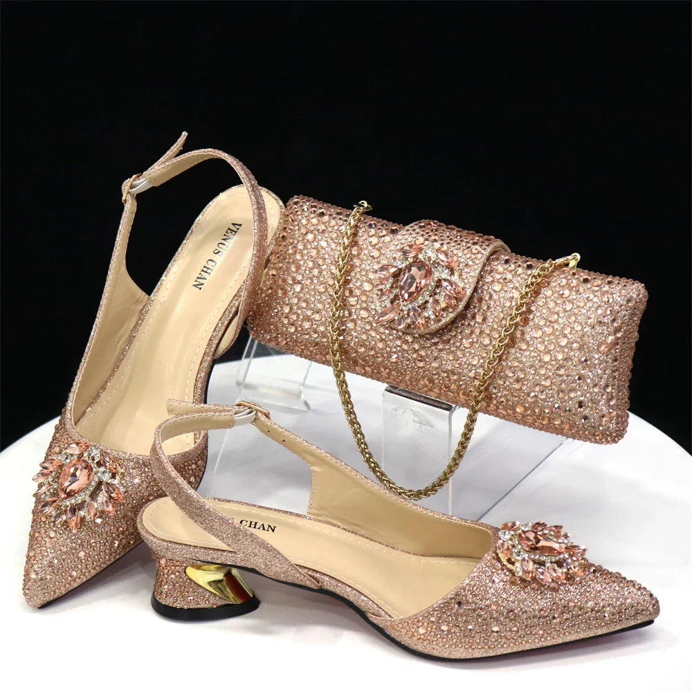 Chic handbag set complementing champagne sandals, designed for luxury and sophistication.