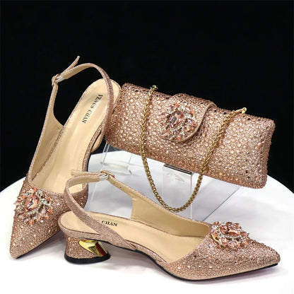 Chic handbag set complementing champagne sandals, designed for luxury and sophistication.
