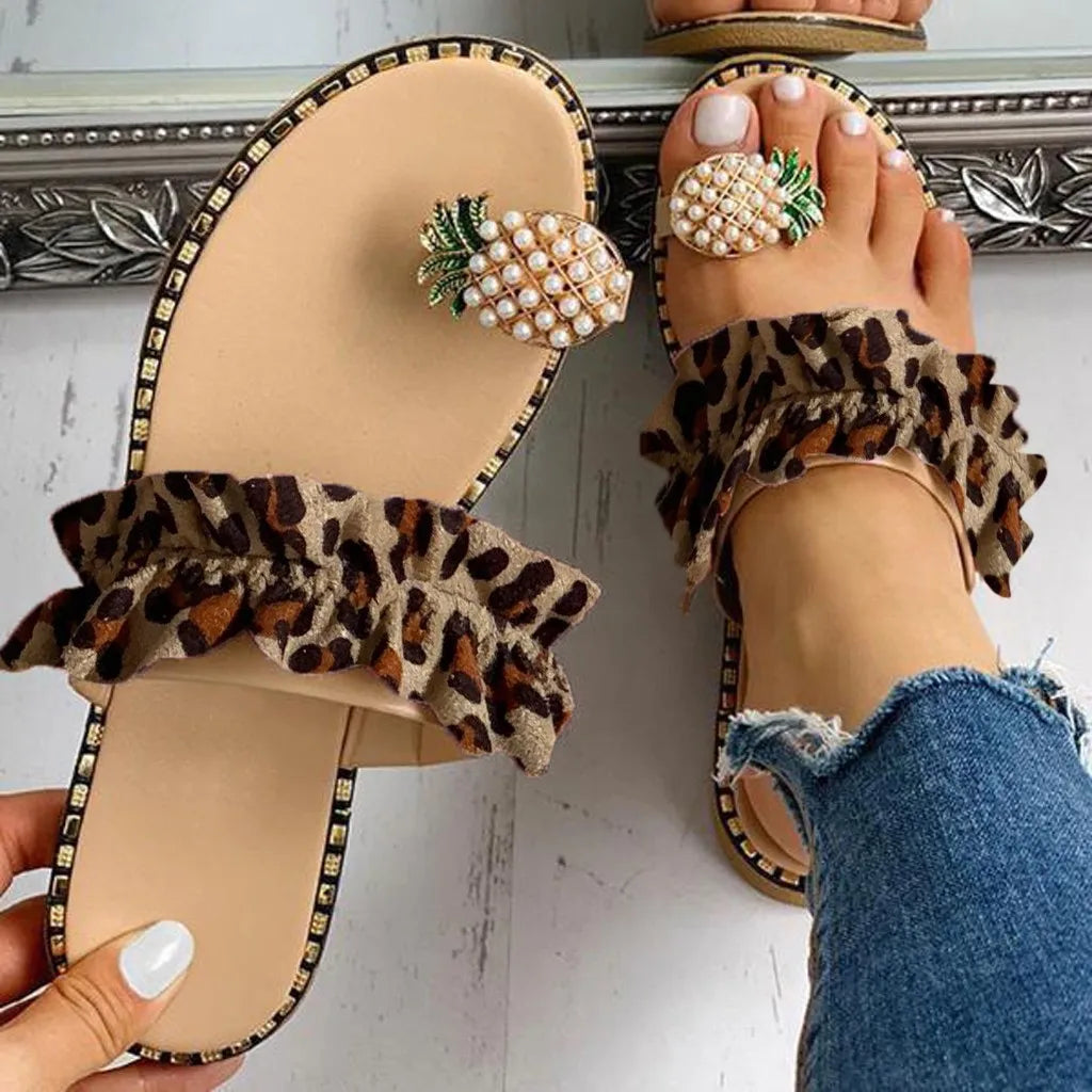 Elegant Women's Pineapple Pearl Flat Toe Sandals in a lavish Bohemian style, perfect for beach outings and casual summer wear; available in plus sizes.