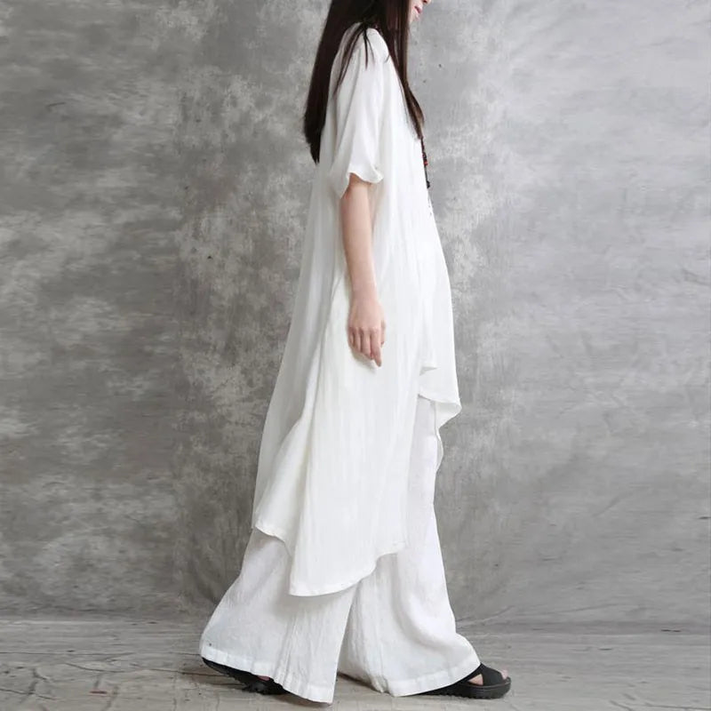 Close-up view of the luxurious fabric texture of women's cotton linen 2-piece set, showcasing its breathable quality and premium craftsmanship.