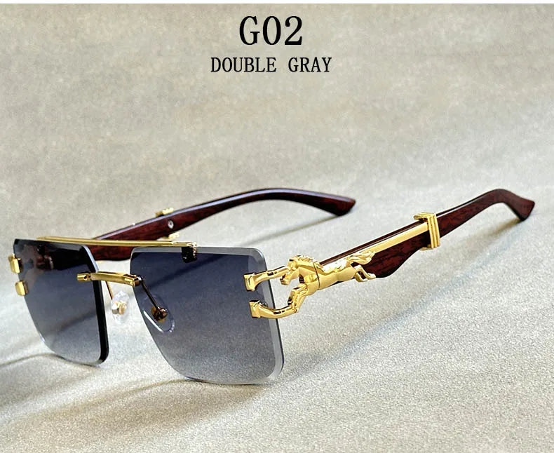 Close-up view of high-quality alloy frame of luxe square rimless sunglasses, perfect for stylish eyewear enthusiasts.