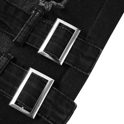 Men's luxury slim fit skinny ripped denim pencil pants, elegantly styled for casual occasions with a mid-waist design in stonewashed fabric.