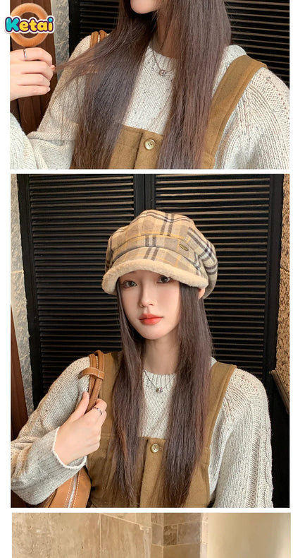 Luxury vintage plaid octagonal plush hat, perfect for women's outdoor wear in spring and autumn.