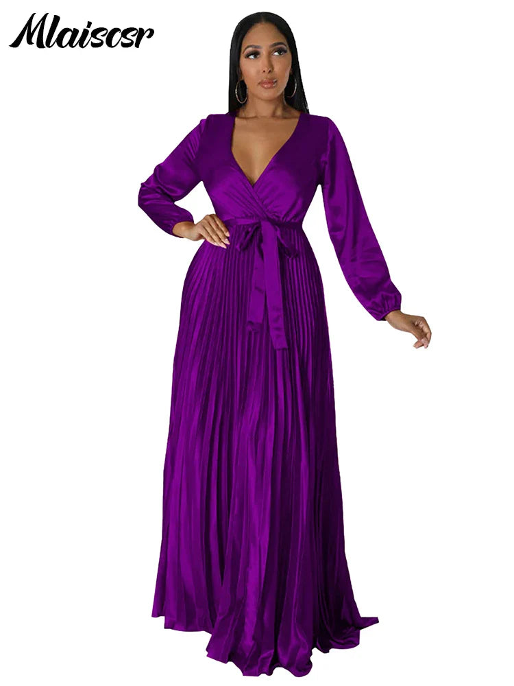 Mlaiscsr women's elegant V-neck floor-length dress featuring a luxurious lantern sleeve design, perfect for upscale weddings and parties.