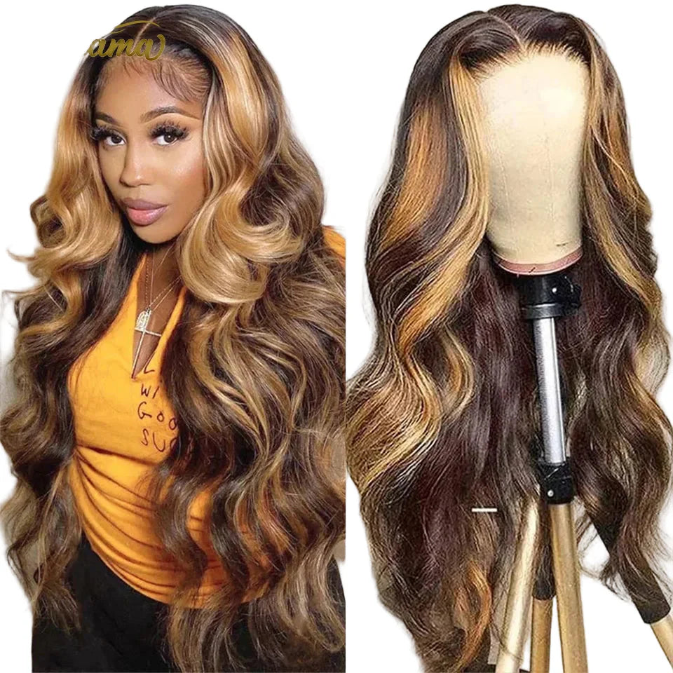 Luxury P4/27 Highlight Color Body Wave Human Hair Wig featuring a 13x4 Transparent Lace Front design, available in lengths from 20 to 32 inches.