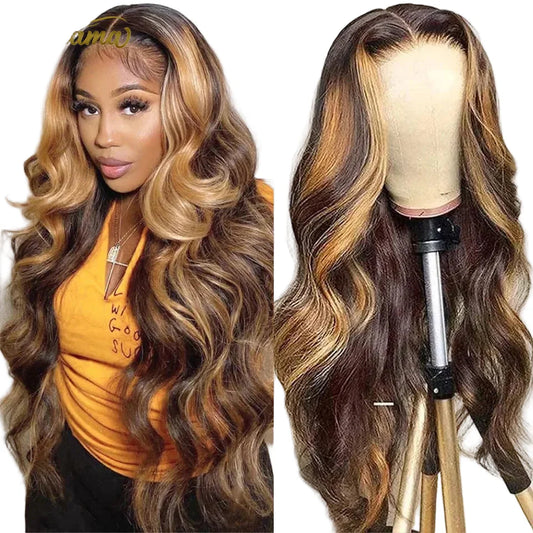 Luxury P4/27 Highlight Color Body Wave Human Hair Wig featuring a 13x4 Transparent Lace Front design, available in lengths from 20 to 32 inches.