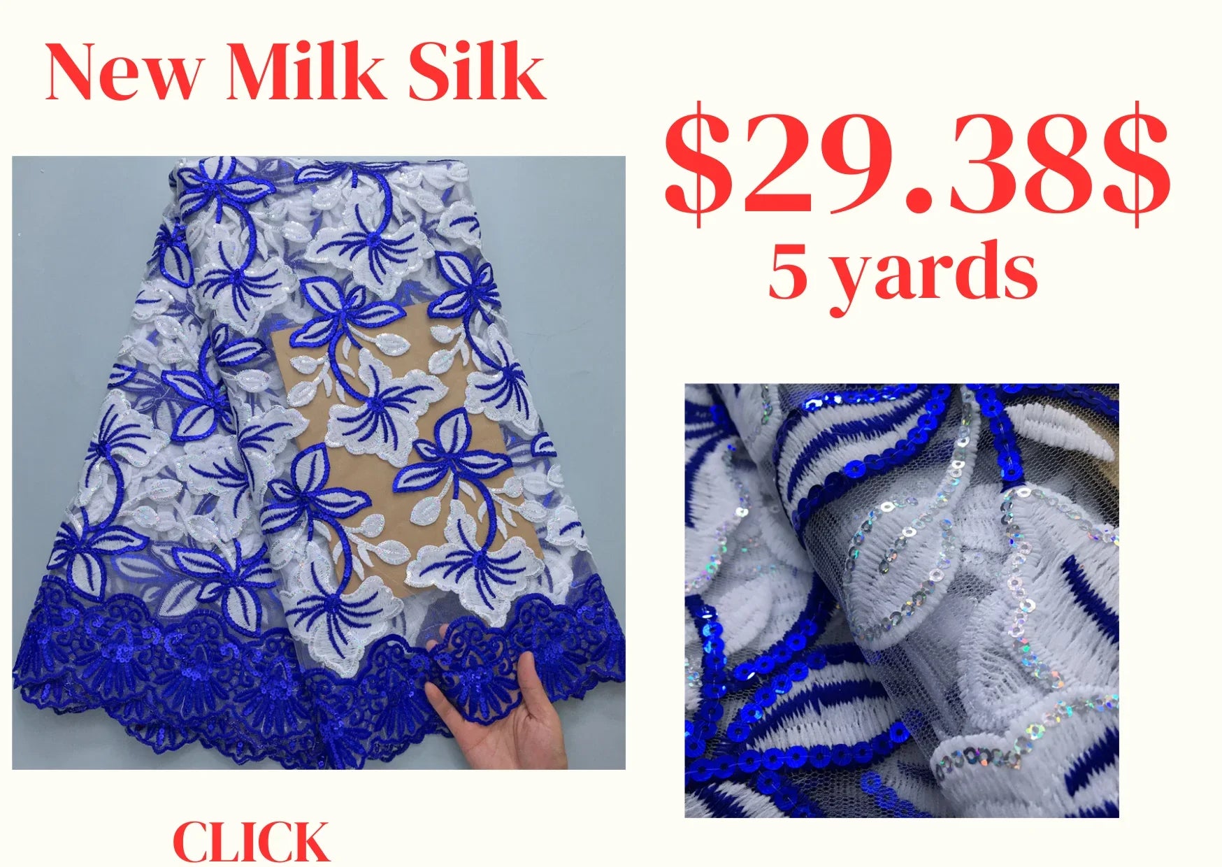 Detailed view of African Milk Silk Lace Fabric embellished with sequins and embroidery, ideal for crafting exquisite wedding attire, showcasing luxury and elegance.