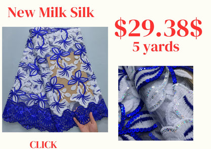 Detailed view of African Milk Silk Lace Fabric embellished with sequins and embroidery, ideal for crafting exquisite wedding attire, showcasing luxury and elegance.